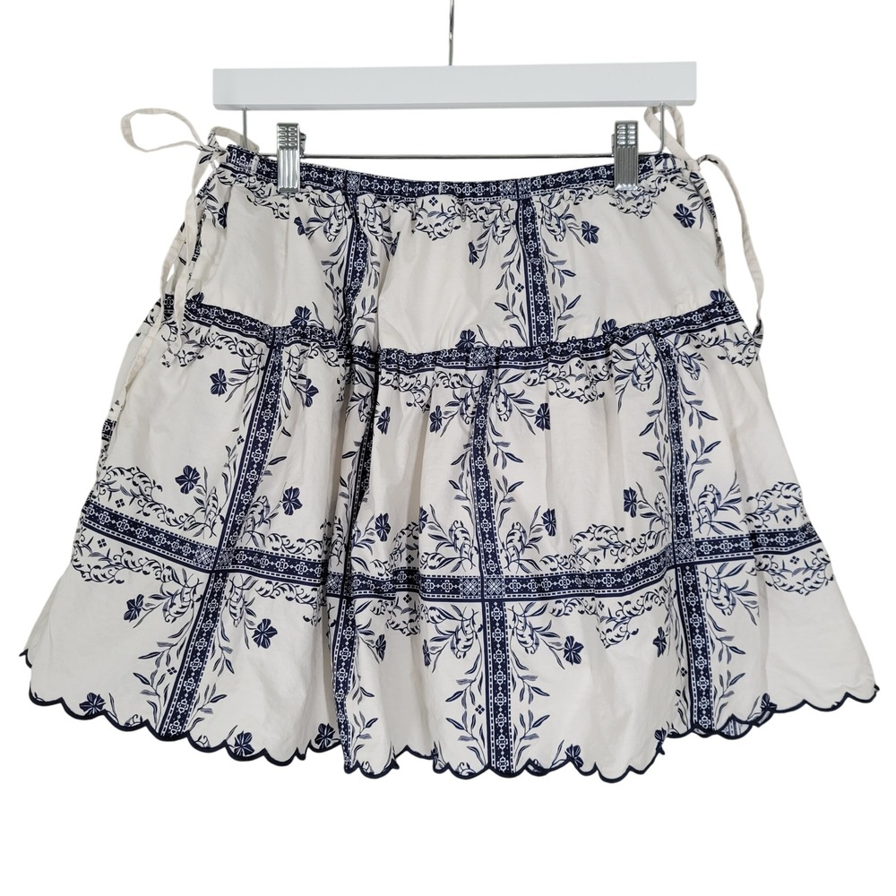 A New Day Mini Skirt Womens Small White Blue Floral Tiered Scalloped Boho Cotton